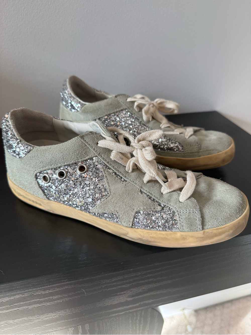 Golden Goose Grey Suede Sneakers with Silver Glitter Panels
